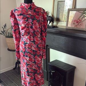 Monsoon Red Sheath Dress with Bishop Sleeves and Mandarin Collar